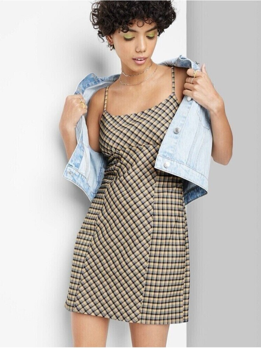 NWT Navy and Yellow Plaid Spaghetti Strap Mini Dress